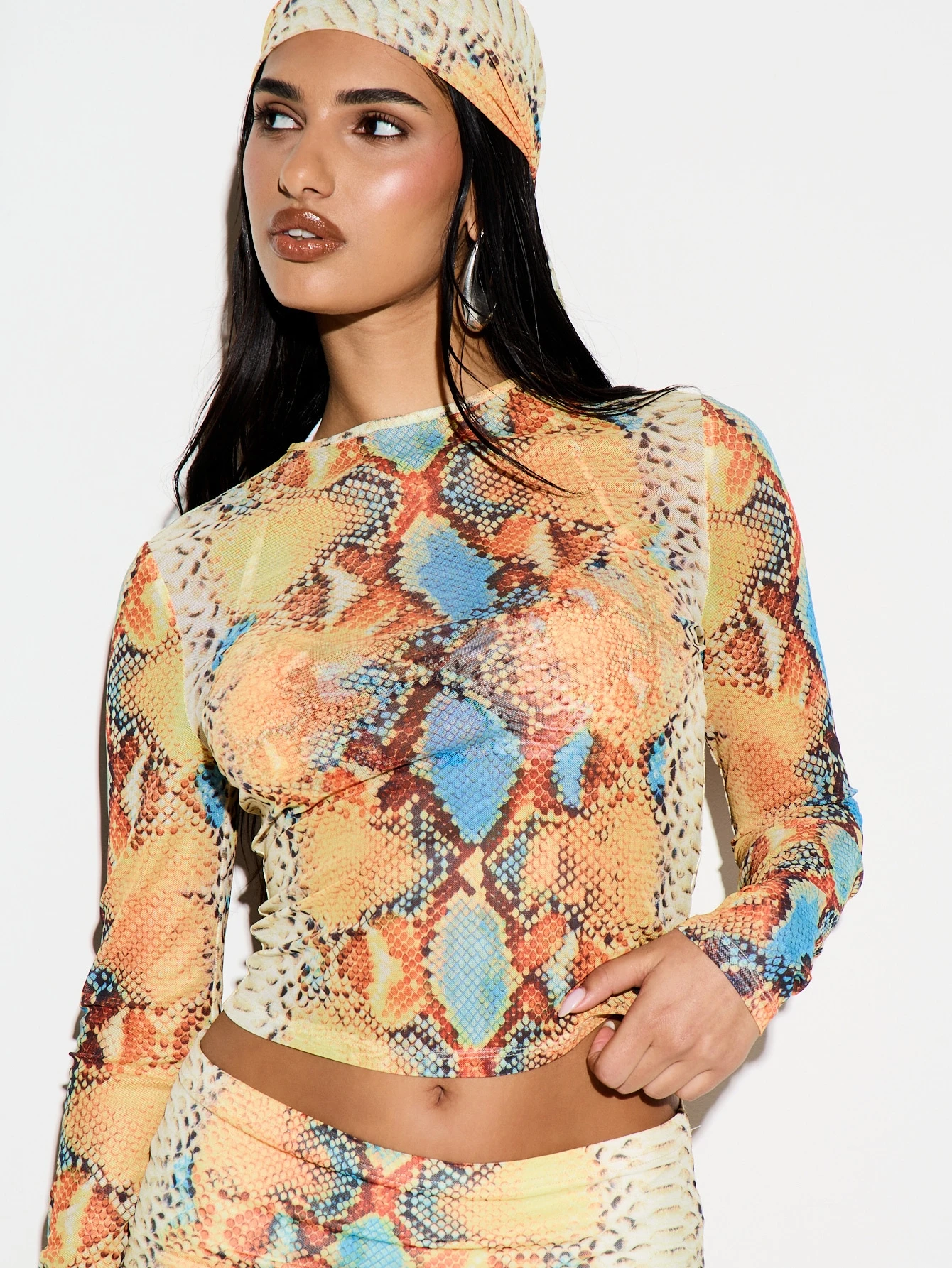 KIZN Snake Print Mesh Crop Top With Head Wrap