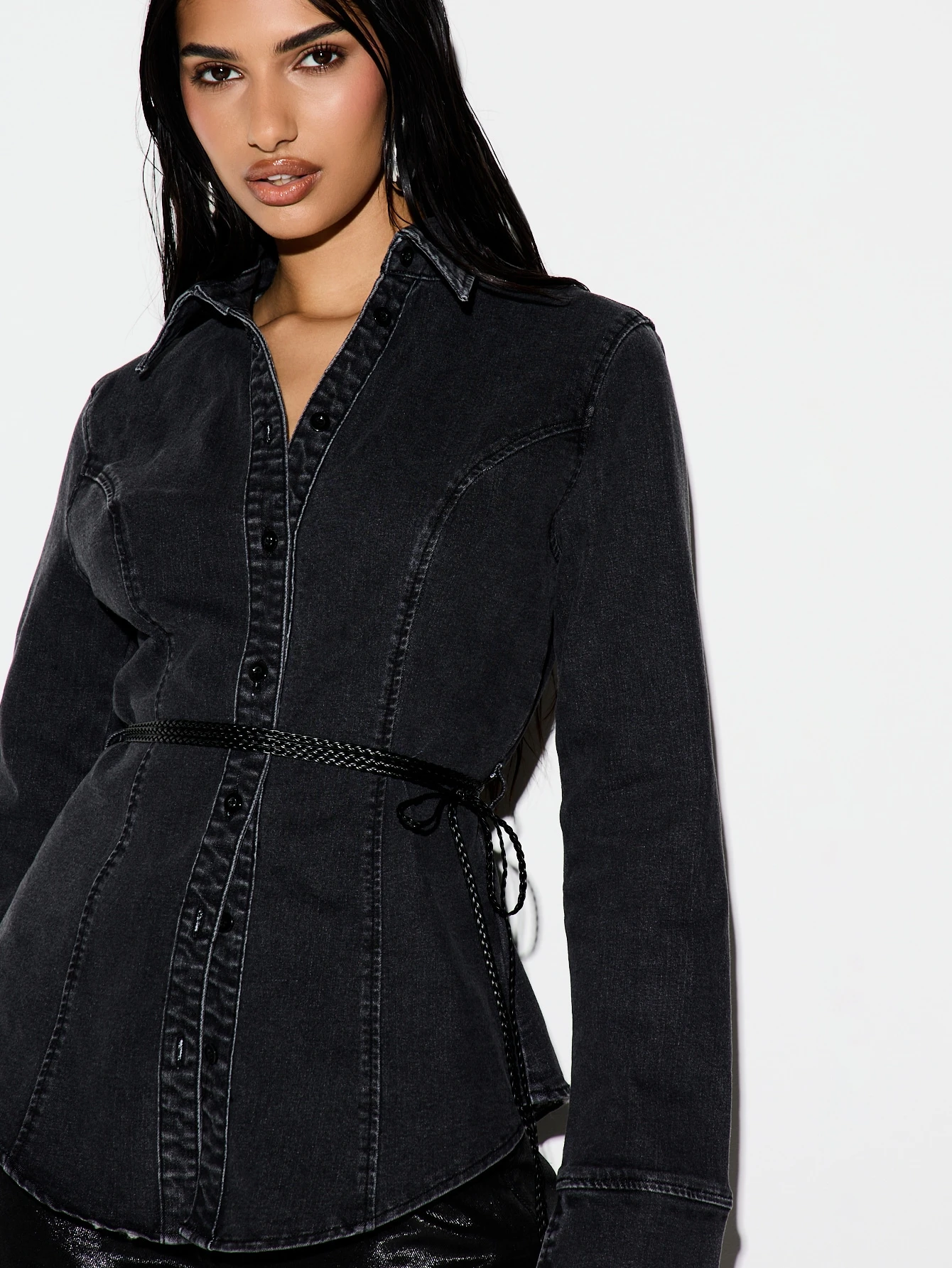 KIZN Black Tie Waist Denim Jacket