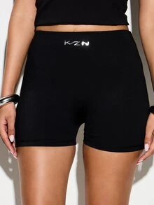 KIZN Quần short nữ cạp cao màu đen, ôm sát, kiểu dáng mini, thời trang mùa hè, quần casual cơ bản. - màu đen - Xem 3