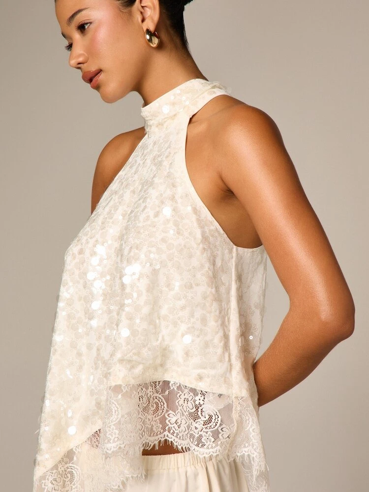 Sequin Halter Top With Lace Trim