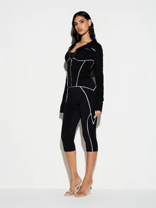 KIZN Hooded Contrast Piping Zip Jacket - Black - View 3