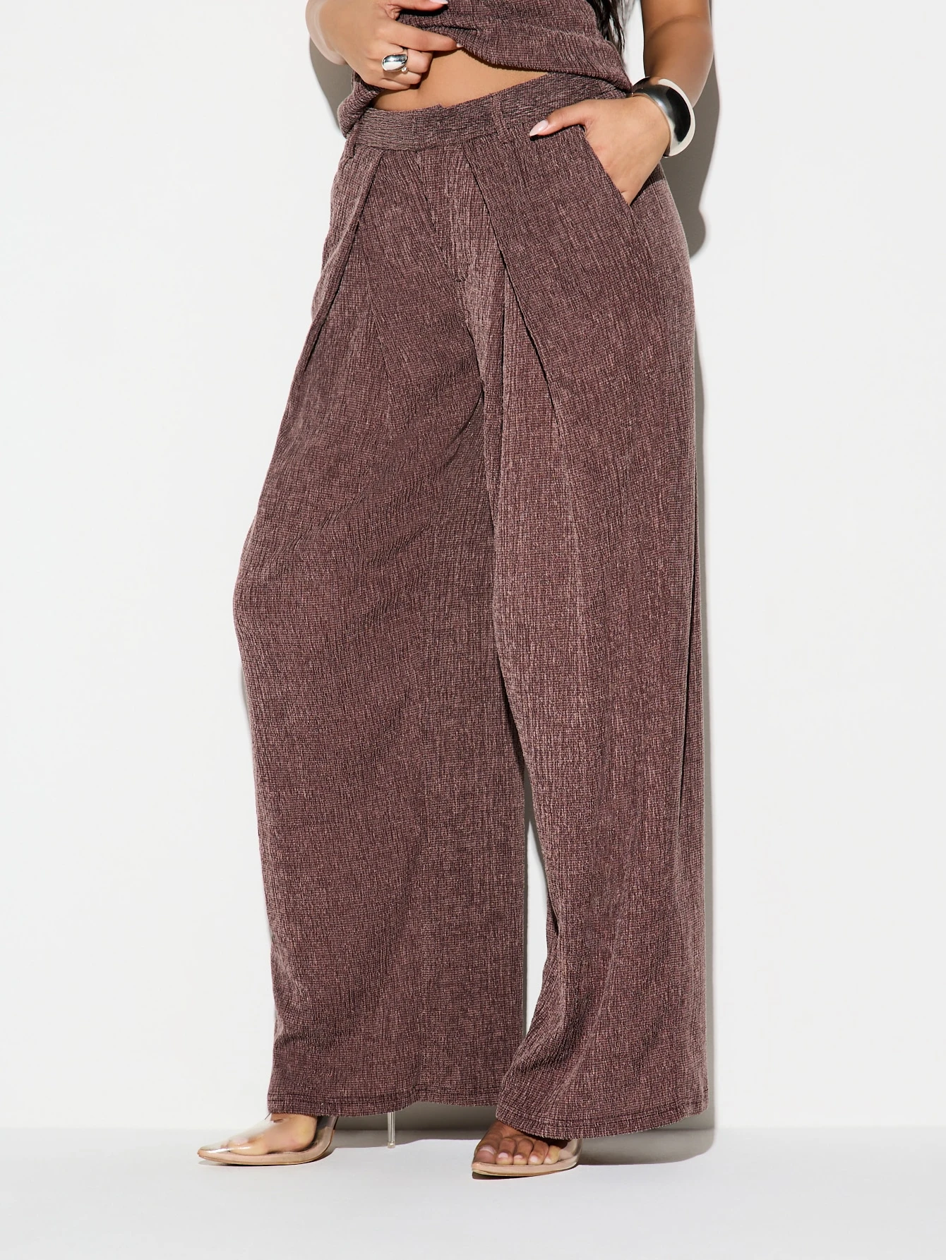 KIZN Textured Wide Leg Palazzo Trousers With Side Pockets