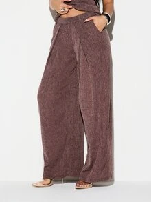 KIZN Women High Rise Textured Wide Leg Palazzo Trousers With Side Pockets Flowing Fall Winter Casual Pants - Brown - View 1