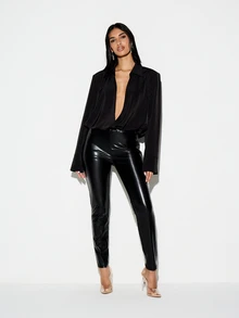 KIZN 女士黑色高腰仿皮紧身打底裤，亮面设计，适合派对、晚宴、夜店等场合穿着 - 黑色 - 查看 3