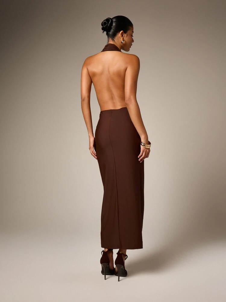 Brown Halter Neck Draped Front Maxi Dress With Front Slit