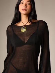 AiiRZ Black Crochet Mini Sweater Dress With Bell Sleeves See Through Knit Long Sleeve Bodycon Fall Winter Evening Party Dress - Black - View 5