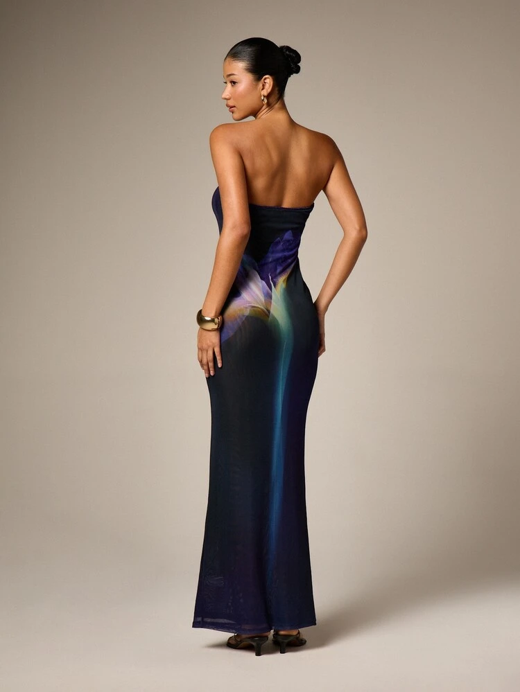 AiiRZ Strapless Mesh Floral Print Maxi Dress