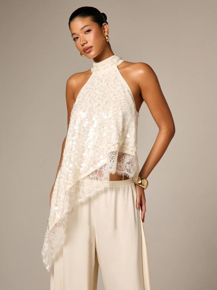 Sequin Halter Top With Lace Trim