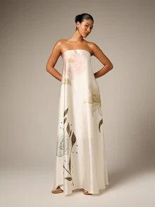 AiiRZ 优雅无肩带花卉刺绣缎面长裙，适合婚礼宾客、晚宴、正式派对等场合，女士春夏款 - 彩色 - 查看 3