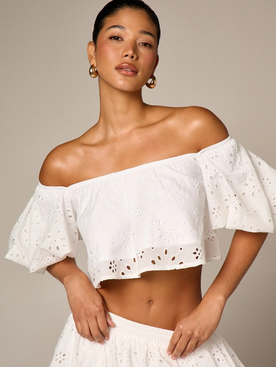 AiiRZ Women's Off Shoulder Crop Top With Puff Sleeves And Broderie Anglaise Eyelet Embroidery Ruffle Summer Blouse - White - View 1