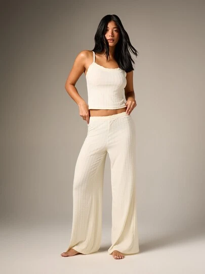 AiiRZ Cream Ribbed Pointelle Cami And Wide Leg Trouser Pajama Set With Delicate Lace Trim Detail For Loungewear Sleepwear