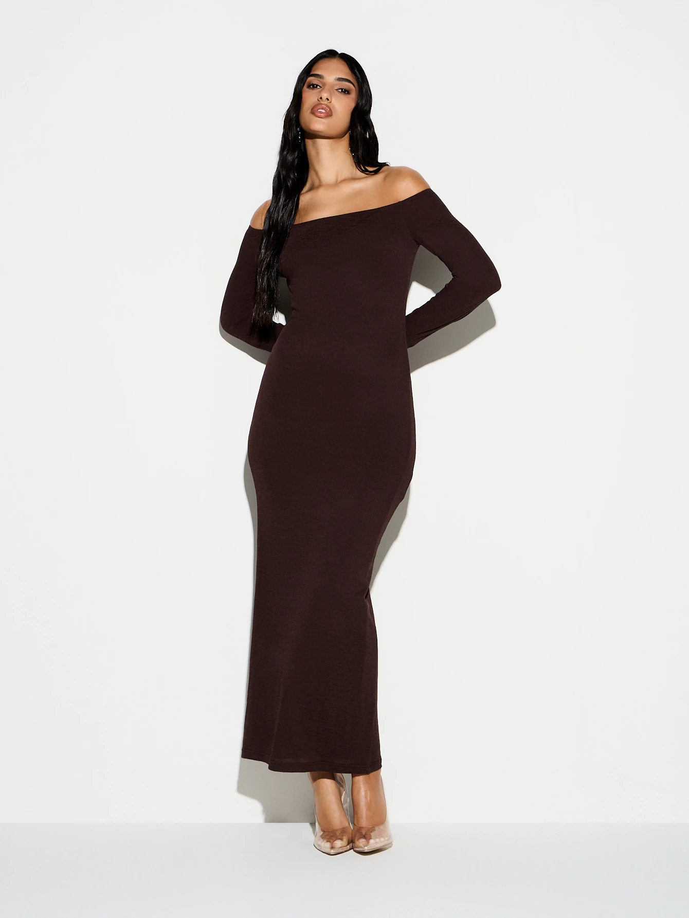 KIZN Off Shoulder Bodycon Ribbed Maxi Dress