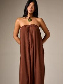 AiiRZ Women's Strapless Wide Leg Full Length Jumpsuit With Elastic Bodice And Relaxed Palazzo Style Legs For Summer Casual Occasions - Brown - View 4