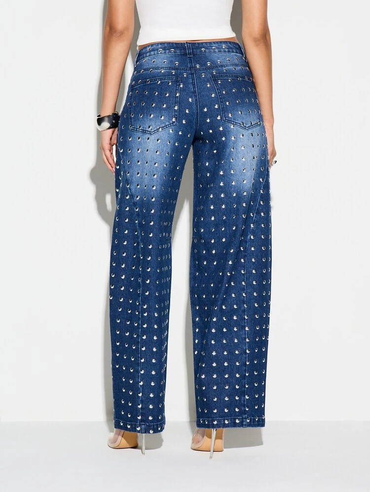 KIZN High Rise Studded Wide Leg Denim Jeans With Metal Eyelets