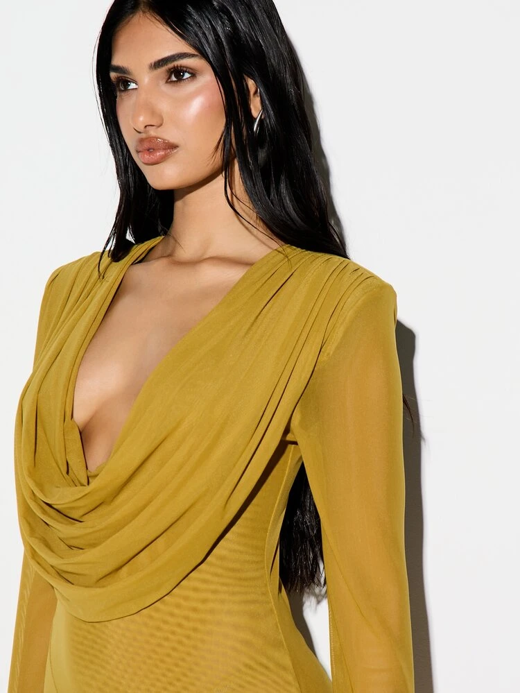 KIZN Mustard Cowl Neck Long Sleeve Bodycon Mini Dress With Shoulder Pads Wrap Over Design Fall Winter Party
