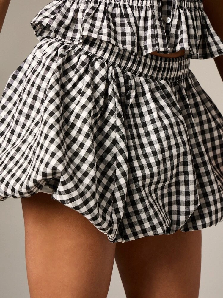 Shirred Gingham Puff Ball Mini Skirt