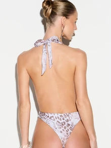 KIZN Women's Leopard Print Deep V Plunge Halter One Piece Monokini Swimsuit Summer Beach Vacation Animal Print Backless Swimwear - Multicolor - View 2