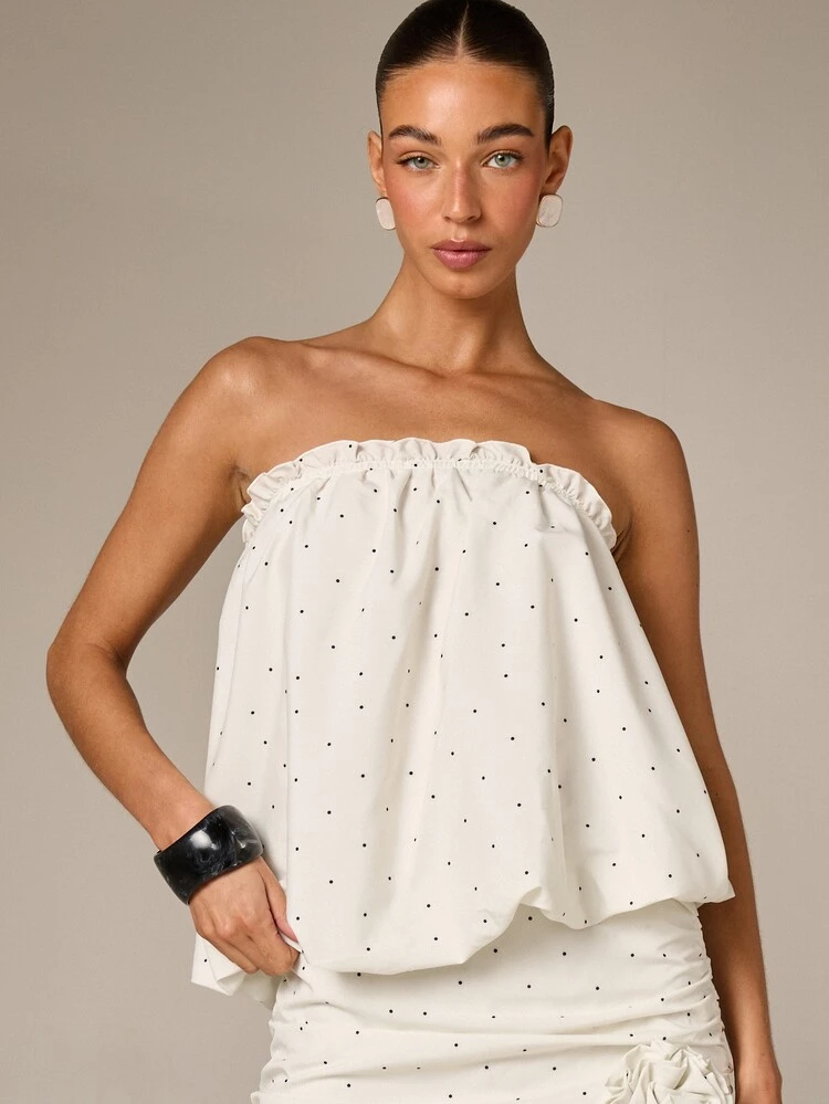 Strapless Bandeau Top With Polka Dot Print