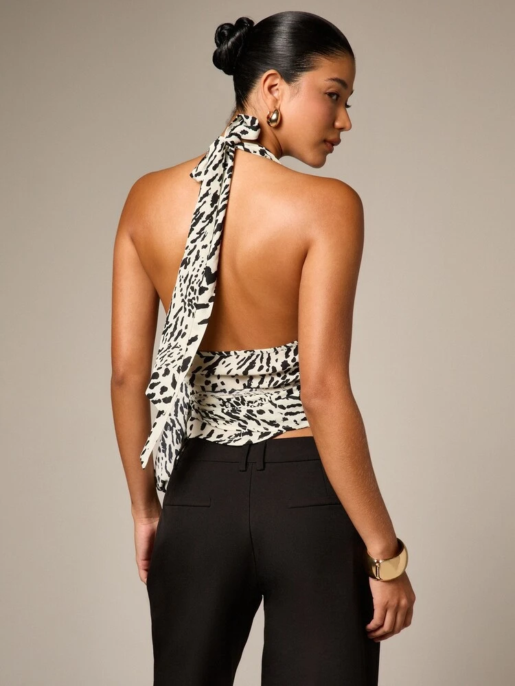 Leopard Print Wrap Front Halter Top