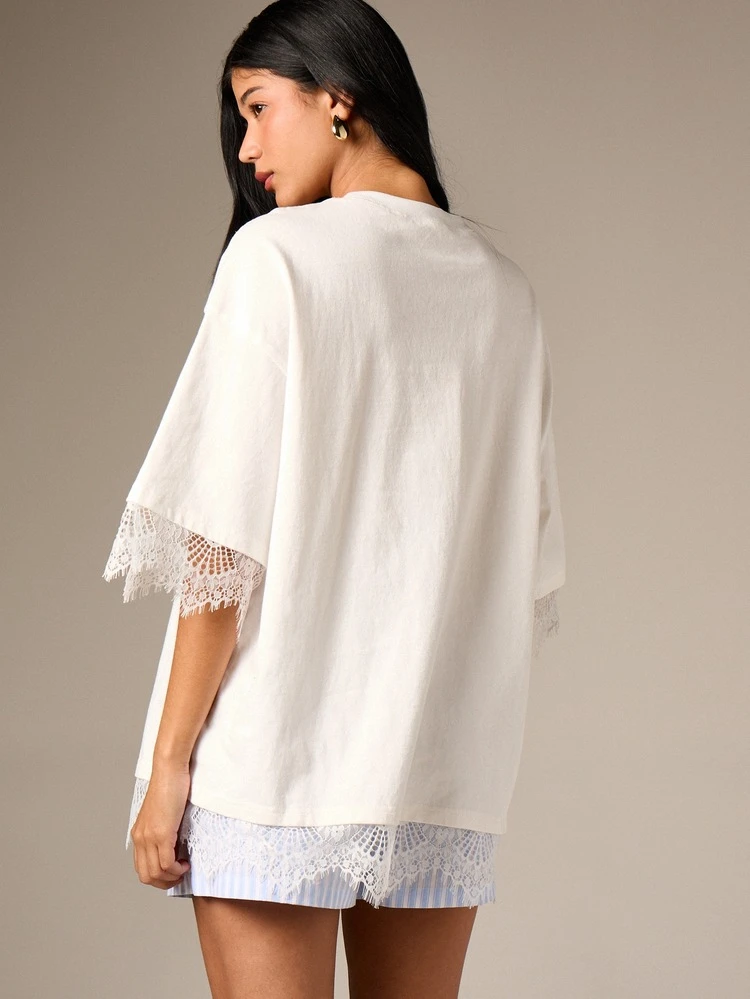 Oversized Lace Trim T Shirt With Short Sleeves