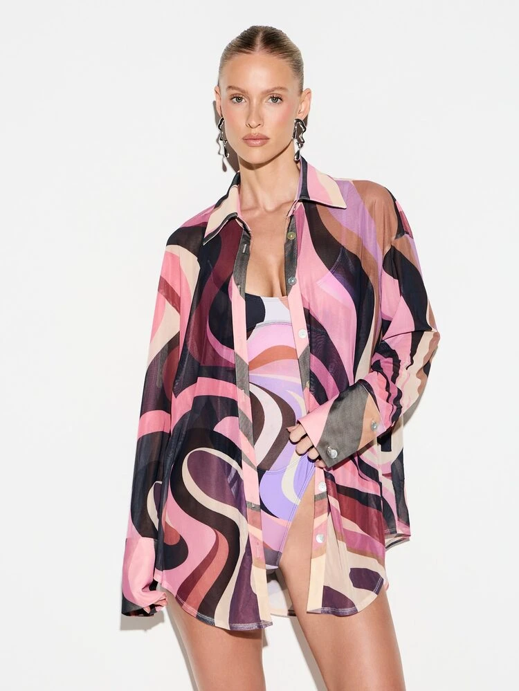 KIZN Swirl Print Mesh Button Shirt