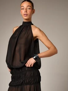 AiiRZ 高领露背无袖薄纱雪纺层叠荷叶边流苏长裙，适合晚宴派对场合 - 黑色 - 查看 3