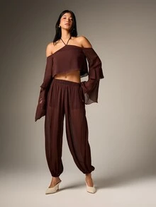 AiiRZ Women's Flowing Chiffon Balloon Trouser High Rise Wide Leg Palazzo Pants Elastic Waist Floaty Summer Casual Pants Bohemian Style - Brown - View 3