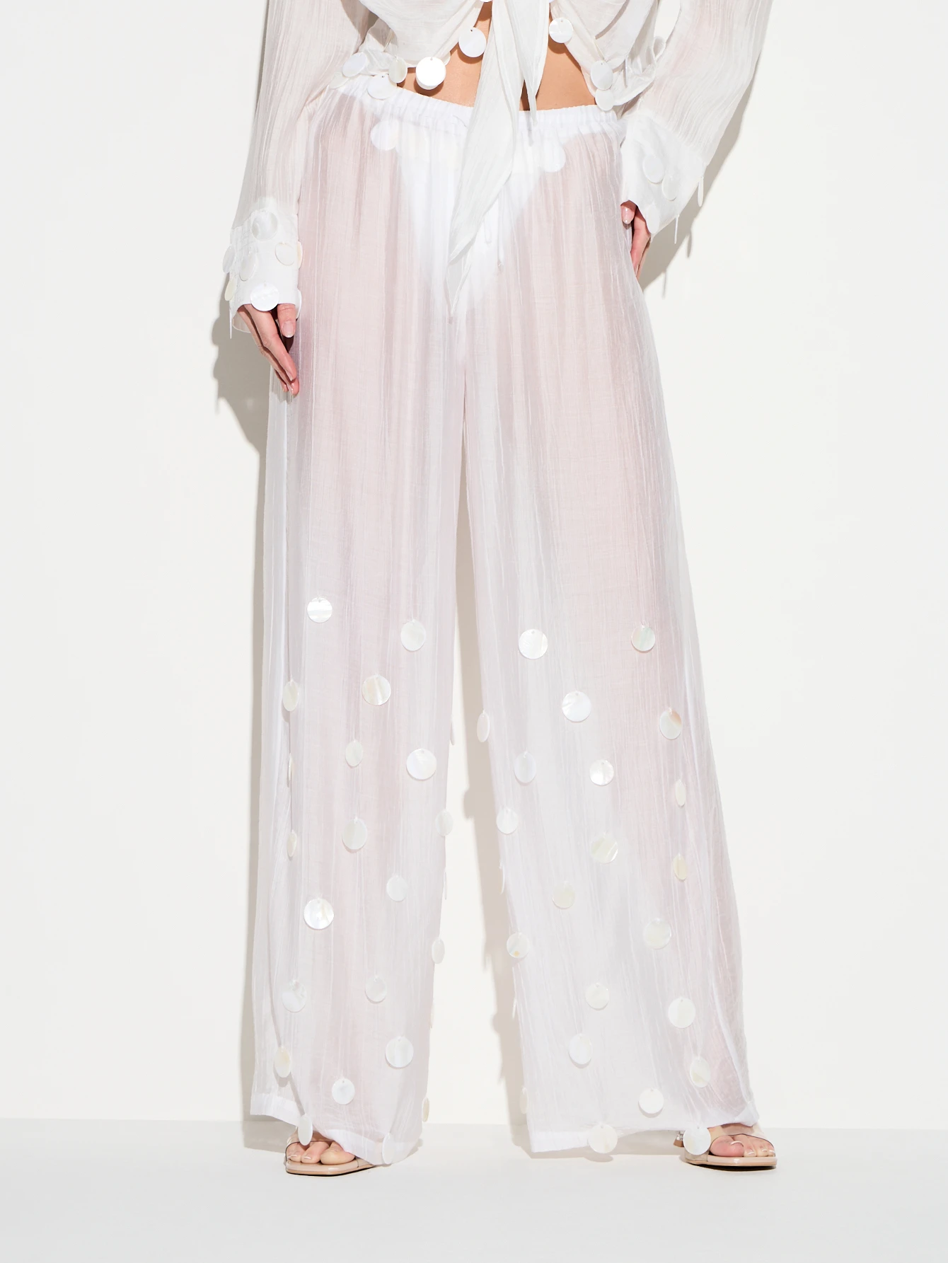 KIZN White Sheer Beaded Palazzo Pants With Pearls