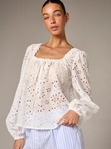 AiiRZ Blusa holgada de mujer con cuello cuadrado de ojal blanco, mangas globo largas y detalle de lazo delantero para primavera y verano - Blanco - Ver 5
