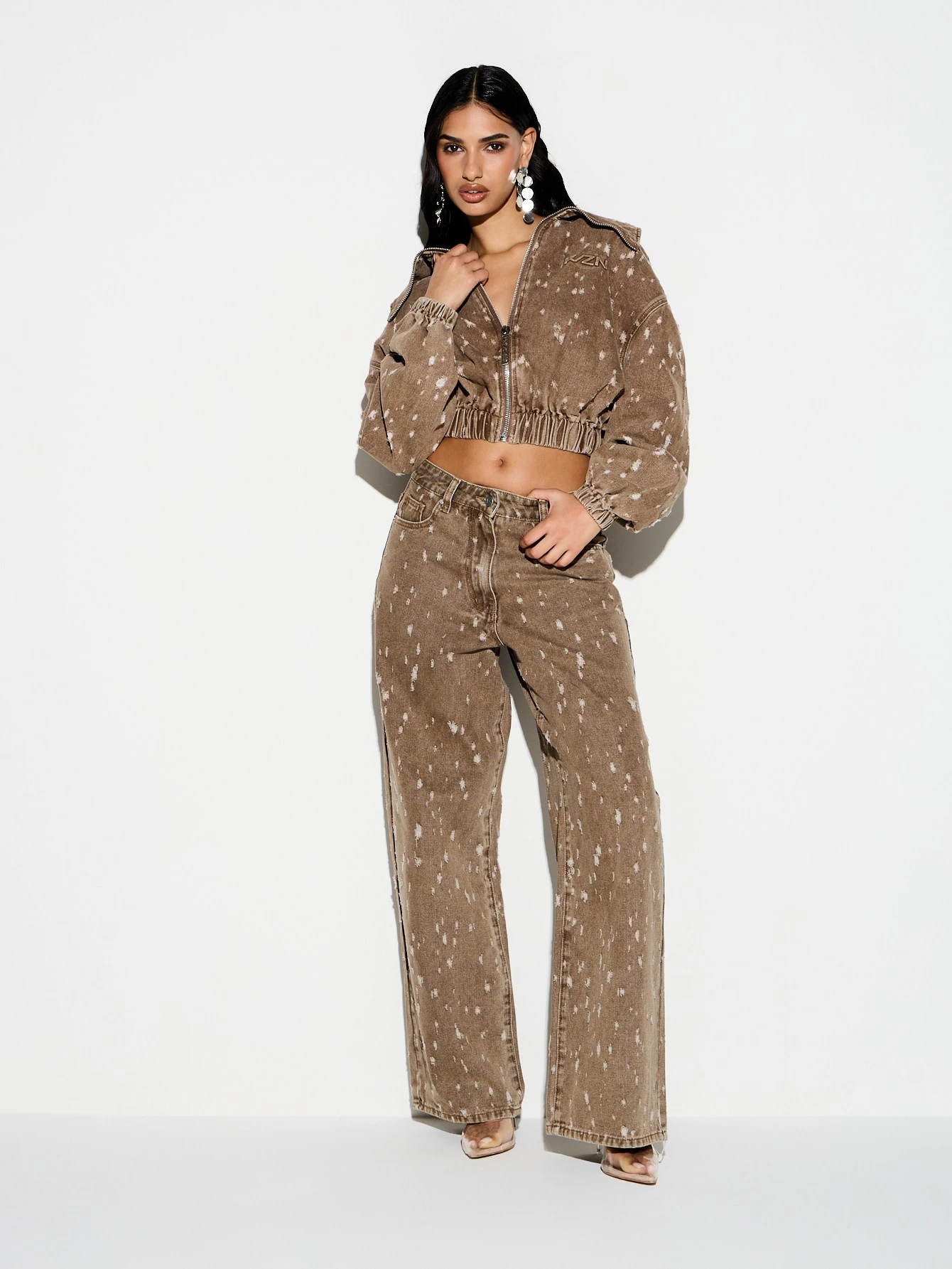 KIZN Distressed Denim Oversized Bomber With Splatter Detail