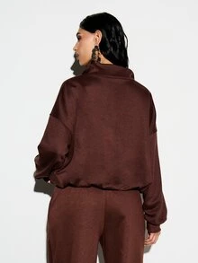 KIZN 女士棕色抓绒全拉链连帽衫，带抽绳帽子，秋冬休闲宽松卫衣 - 棕色 - 查看 2