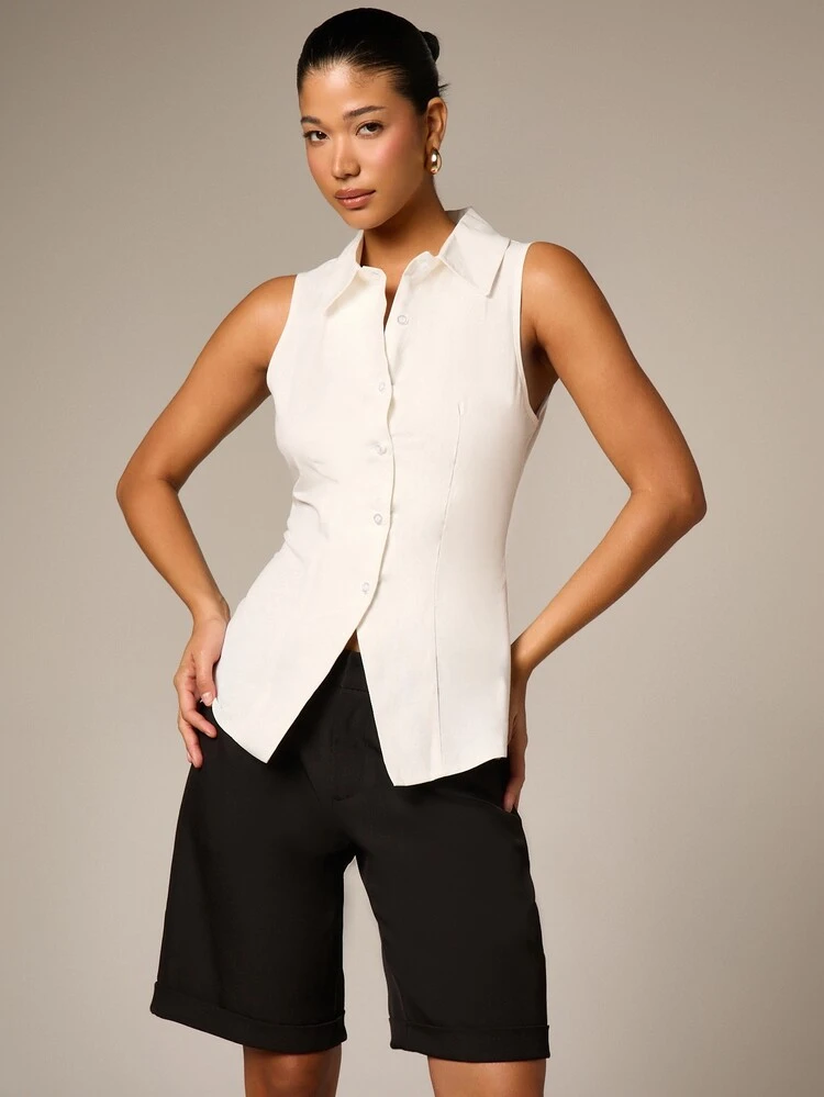 Sleeveless White Linen Feel Collared Waistcoat