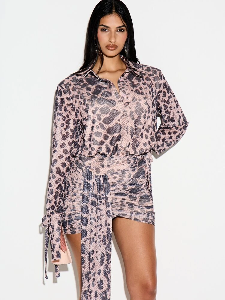 KIZN Women's Python Print Mesh Shirt Dress Long Sleeve Collared Mini Dress With Tie Detail Belt Bodycon Club Party Evening Wear Fall Fashion