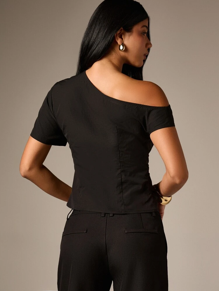 Asymmetric Off Shoulder Button Front Blouse