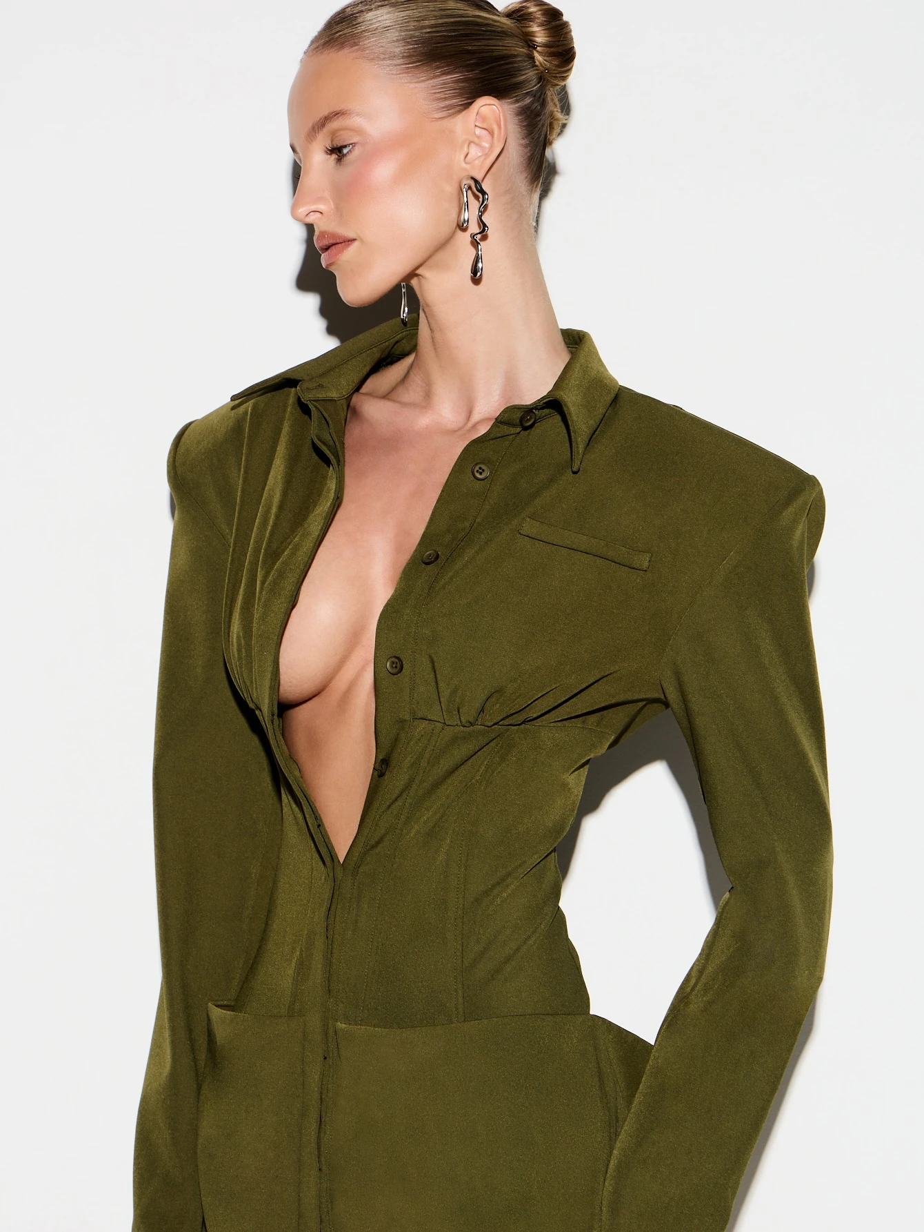 KIZN Olive Green Plunge Neckline Corset Waist Mini Dress