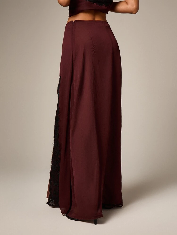 Burgundy Chiffon Maxi Skirt With Lace Trim