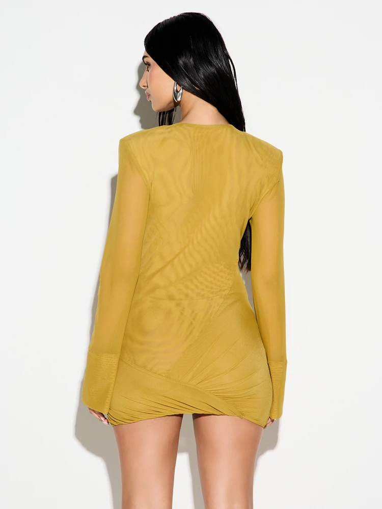 KIZN Mustard Cowl Neck Long Sleeve Bodycon Mini Dress With Shoulder Pads Wrap Over Design Fall Winter Party