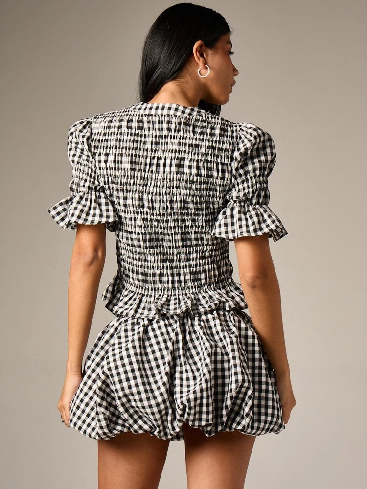 Shirred Gingham Puff Ball Mini Skirt