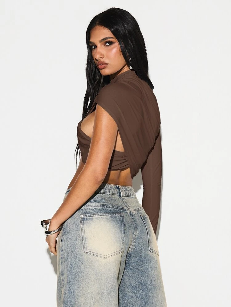 KIZN Asymmetrical Draped Mock Neck Crop Top Long Sleeve One Shoulder Wrap Style Cutout Midriff Party Club Top
