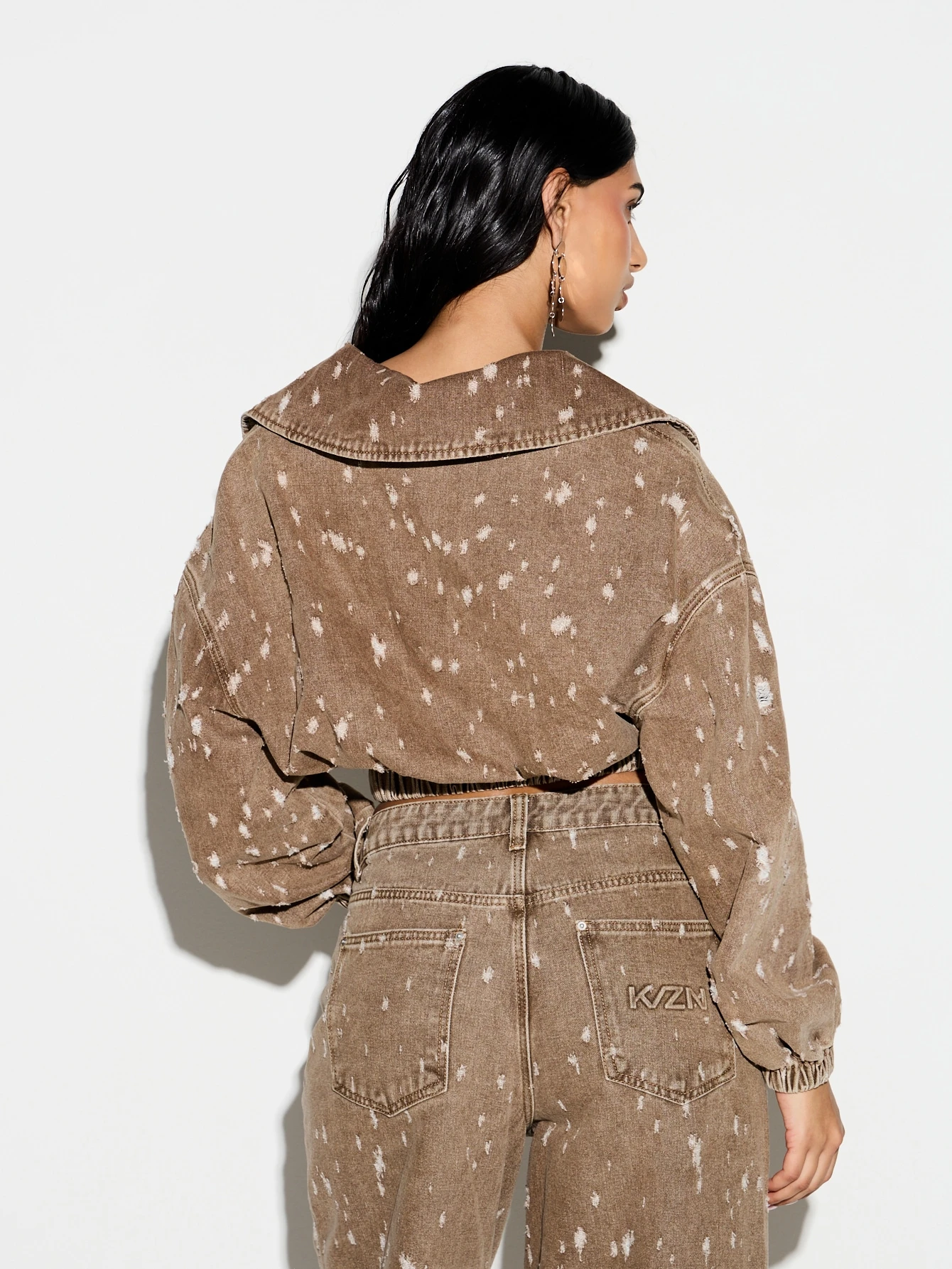 KIZN Distressed Denim Oversized Bomber With Splatter Detail