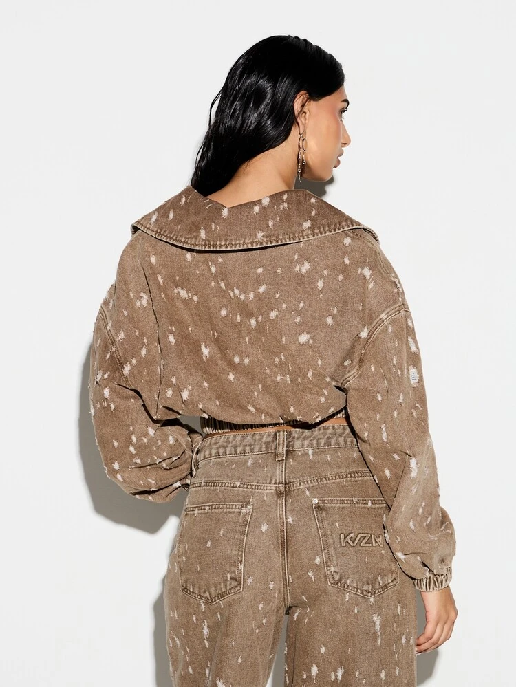 KIZN Distressed Denim Oversized Bomber With Splatter Detail