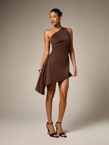 AiiRZ One Shoulder Asymmetric Draped Mini Dress With Ruched Waist Detail And Flowing Side Panel For Party Evening Occasions - Coffee Brown - View 3
