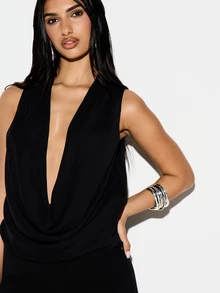 KIZN Women's Sleeveless Cowl Neck Top Black Draped Neckline Tank For Evening Date Night Club Party Occasion - Black - View 1