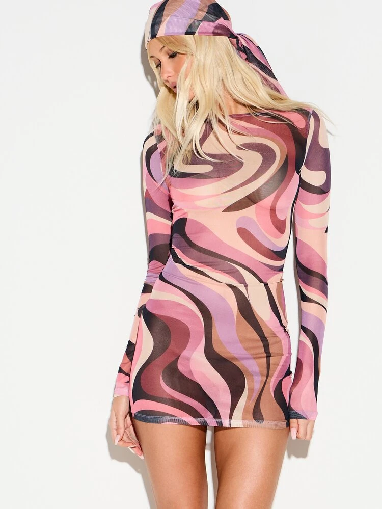 KIZN Swirl Print Mesh Mini Bodycon Dress With Matching Headscarf
