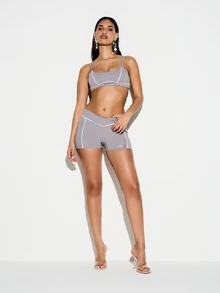 KIZN Grey High Waisted Athletic Shorts With White Contrast Piping Detail For Active Lifestyle Summer Training - Grey - View 3