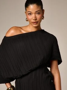 AiiRZ 女士黑色褶皱不对称露肩迷你连衣裙 长袖修身派对晚宴外出垂褶正式礼服 - 黑色 - 查看 5