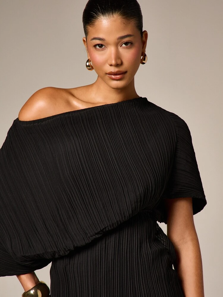 AiiRZ Women's Black Plisse Asymmetric Off Shoulder Mini Dress Long Sleeve Bodycon Party Evening Night Out Draped Formal