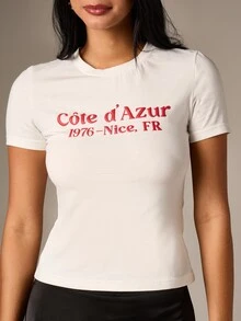 AiiRZ Women's Fitted Short Sleeve Crew Neck T-Shirt With Cote D'Azur Nice France Text Print Chest Graphic Casual Cotton Tee - White - View 5