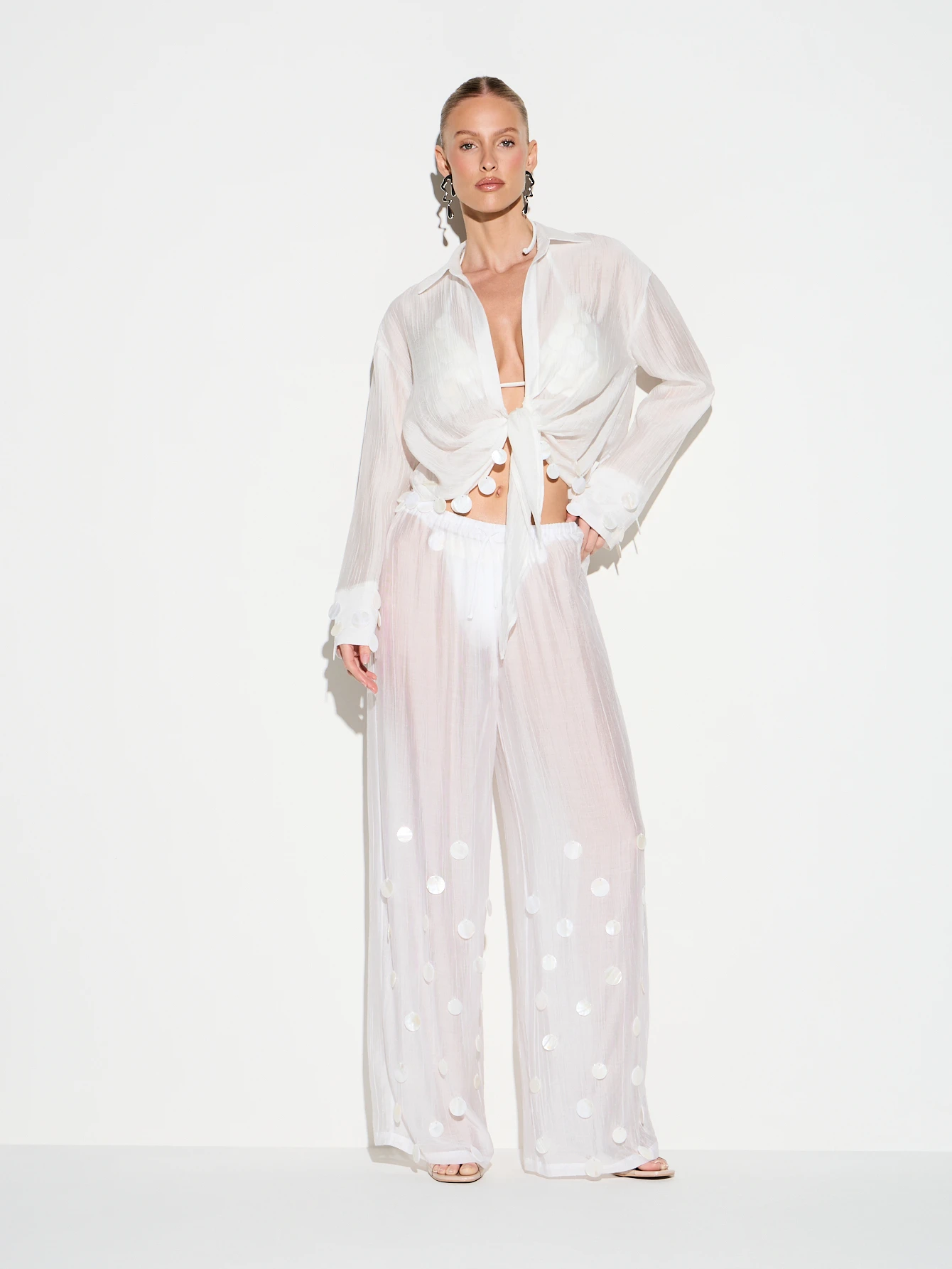 KIZN White Sheer Beaded Palazzo Pants With Pearls