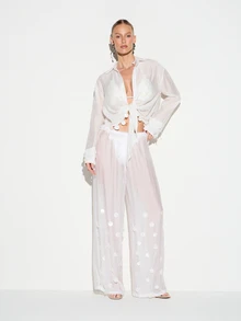 KIZN Women's White Beaded Beach Palazzo Pants With Sheer Fabric And Scattered Pearl Embellishments For Summer Vacation Resort Wear - White - View 3